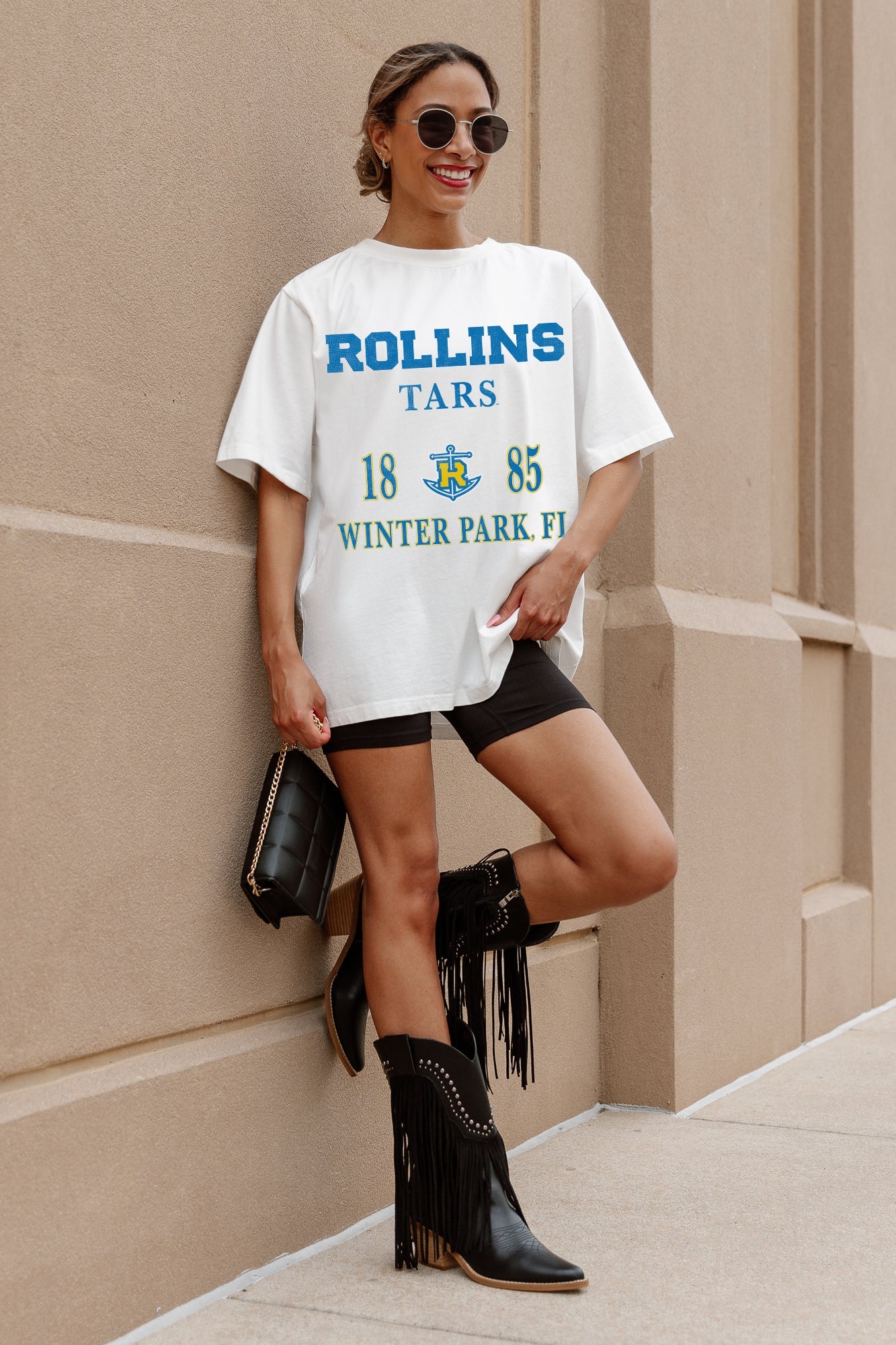 ROLLINS COLLEGE TARS UNITY OVERSIZED CREWNECK TEE - Side View Styled Look | Gameday Couture - SOHO