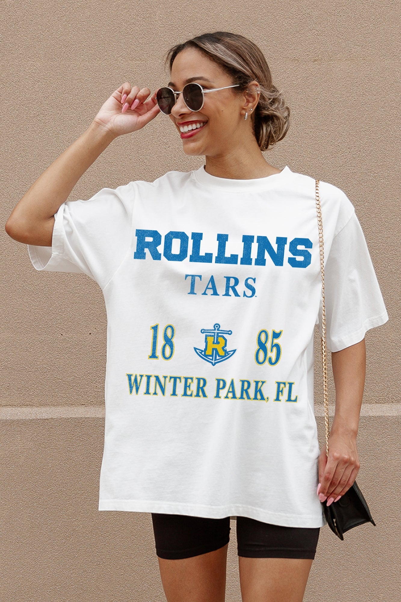 ROLLINS COLLEGE TARS UNITY OVERSIZED CREWNECK TEE - Front Close-Up View | Gameday Couture - SOHO