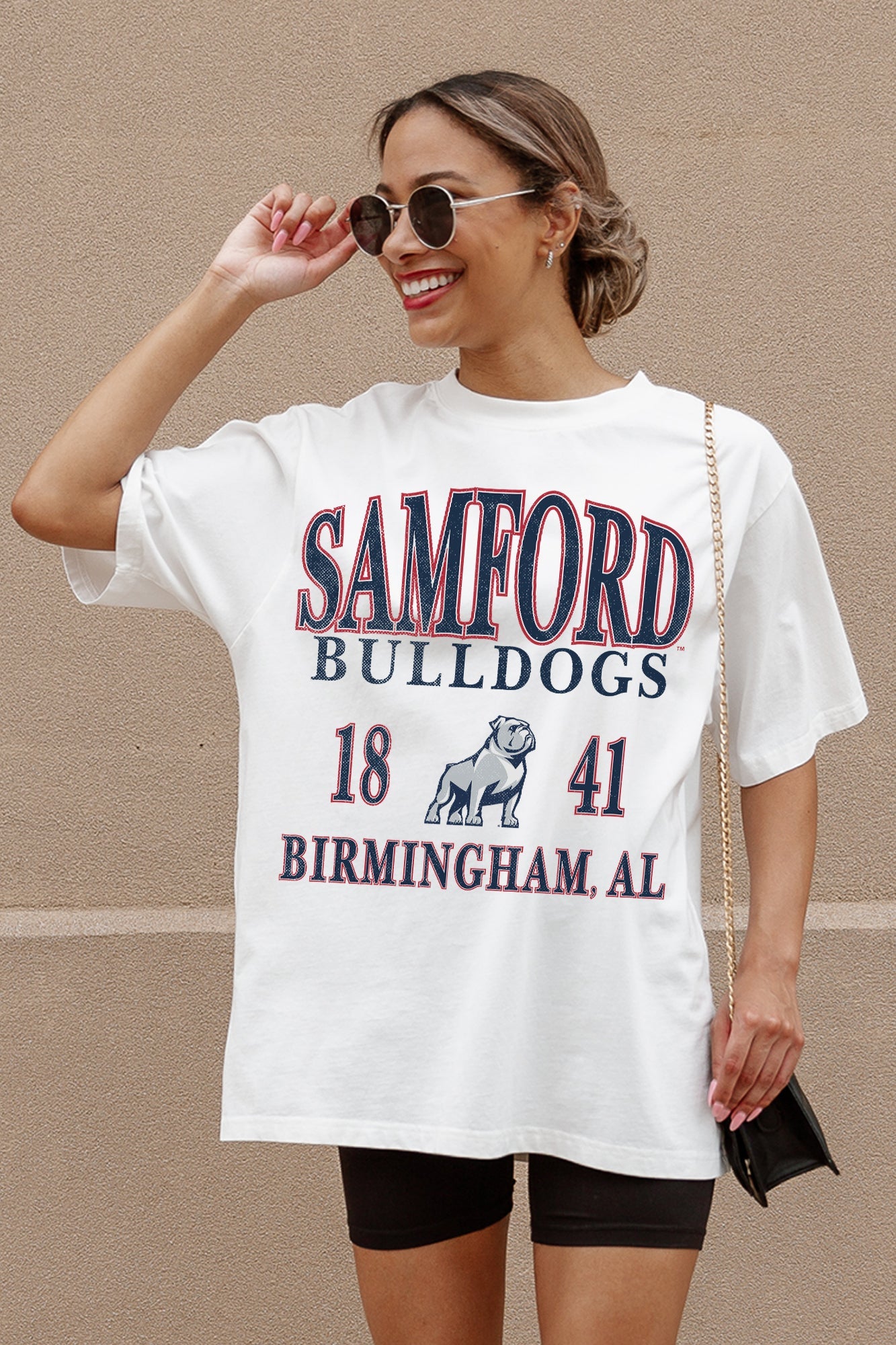 White SAMFORD BULLDOGS Unity Oversized Tee - Close-Up Front Detail | Gameday Couture - SOHO