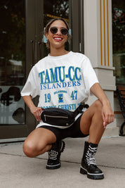 Ivory Texas A&M Corpus Christi Islanders Oversized Tee - Back View On Model Street Style | Gameday Couture - SOHO