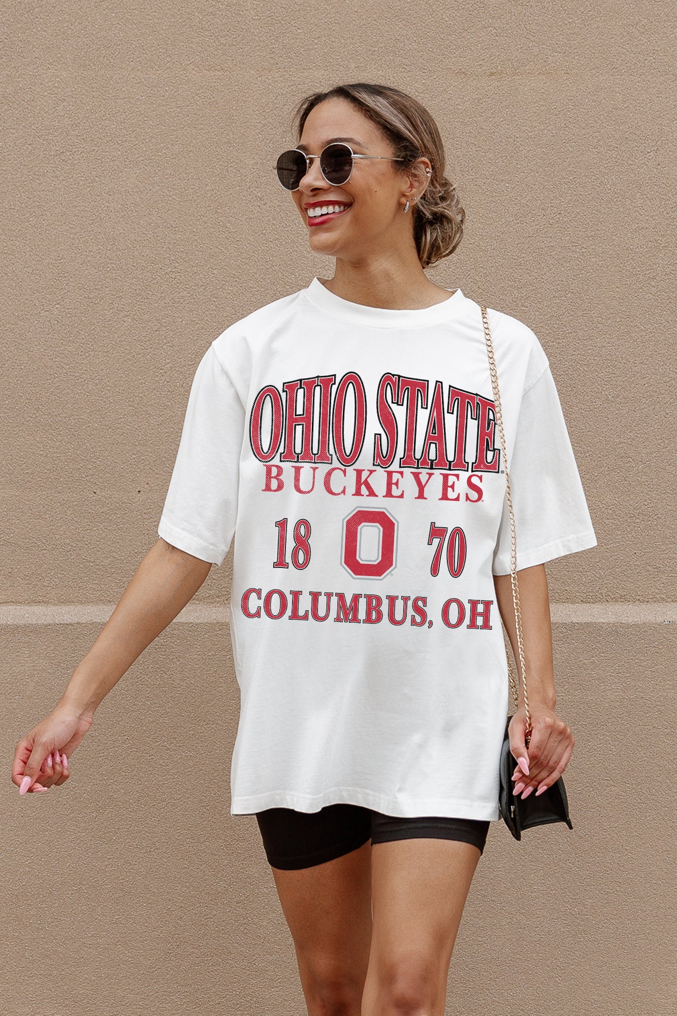 Ivory Ohio State Buckeyes Unity Oversized Tee - On Model Walking Street Style Look | Gameday Couture - SOHO