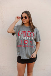 Grey OHIO STATE BUCKEYES Dynasty Oversized Crewneck Tee - Front View | Gameday Couture - SOHO