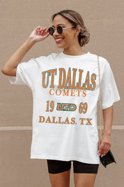 Ivory UT Dallas Comets Unity Oversized Tee - Graphic Detail Close-Up Front View | Gameday Couture - SOHO