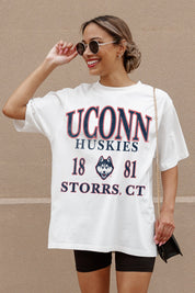 White UCONN HUSKIES Unity Oversized Tee - Close-Up Detail | Gameday Couture - SOHO