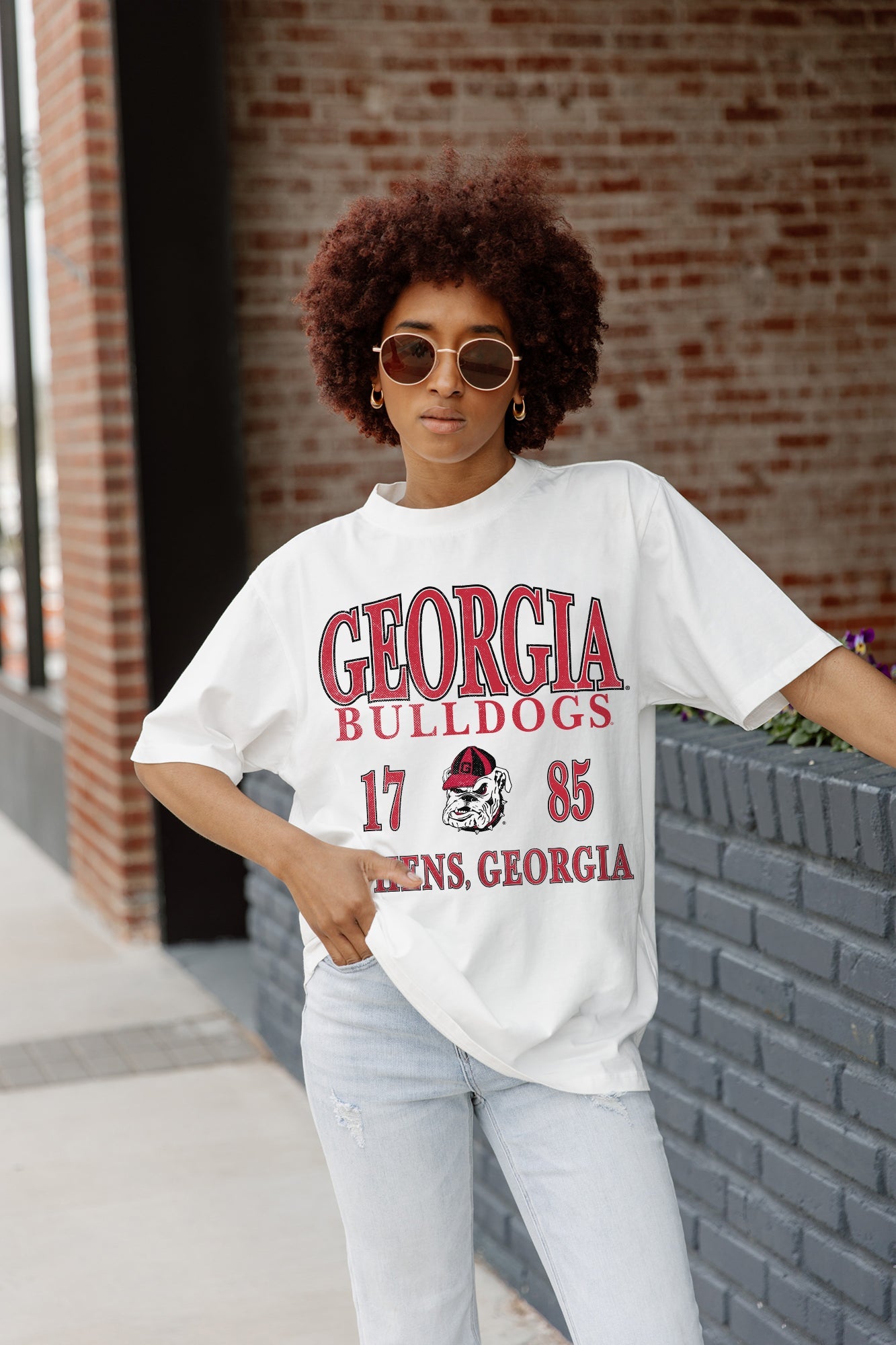 Ivory GEORGIA BULLDOGS Unity Oversized Tee - On Model Standing, Athens Georgia Graphic Front View | Gameday Couture - SOHO