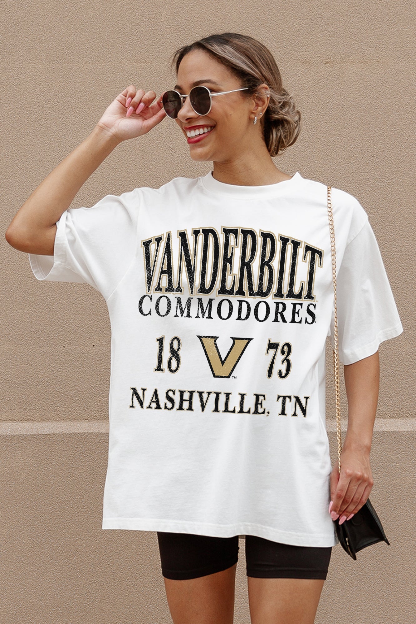 White VANDERBILT COMMODORES Unity Oversized Tee - Front Detail Close Up | Gameday Couture - SOHO