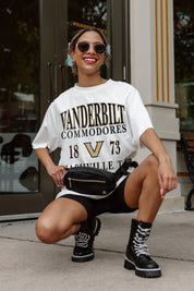 White VANDERBILT COMMODORES Unity Oversized Tee - Crouched Casual Pose | Gameday Couture - SOHO