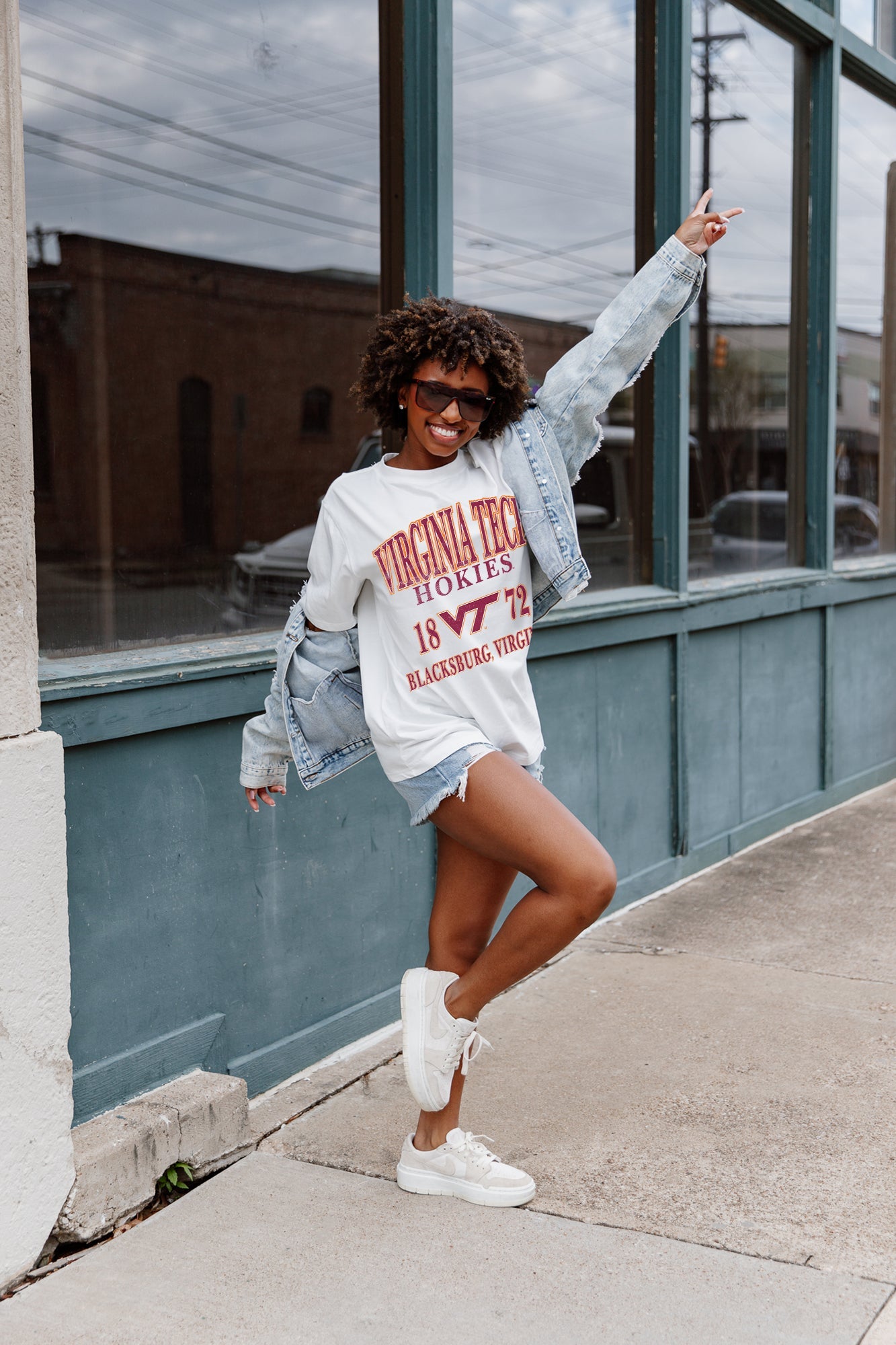 Ivory Virginia Tech Hokies Unity Oversized Crewneck Tee - Full Body, Styled with Denim Jacket, Arm Raised | Gameday Couture - SOHO