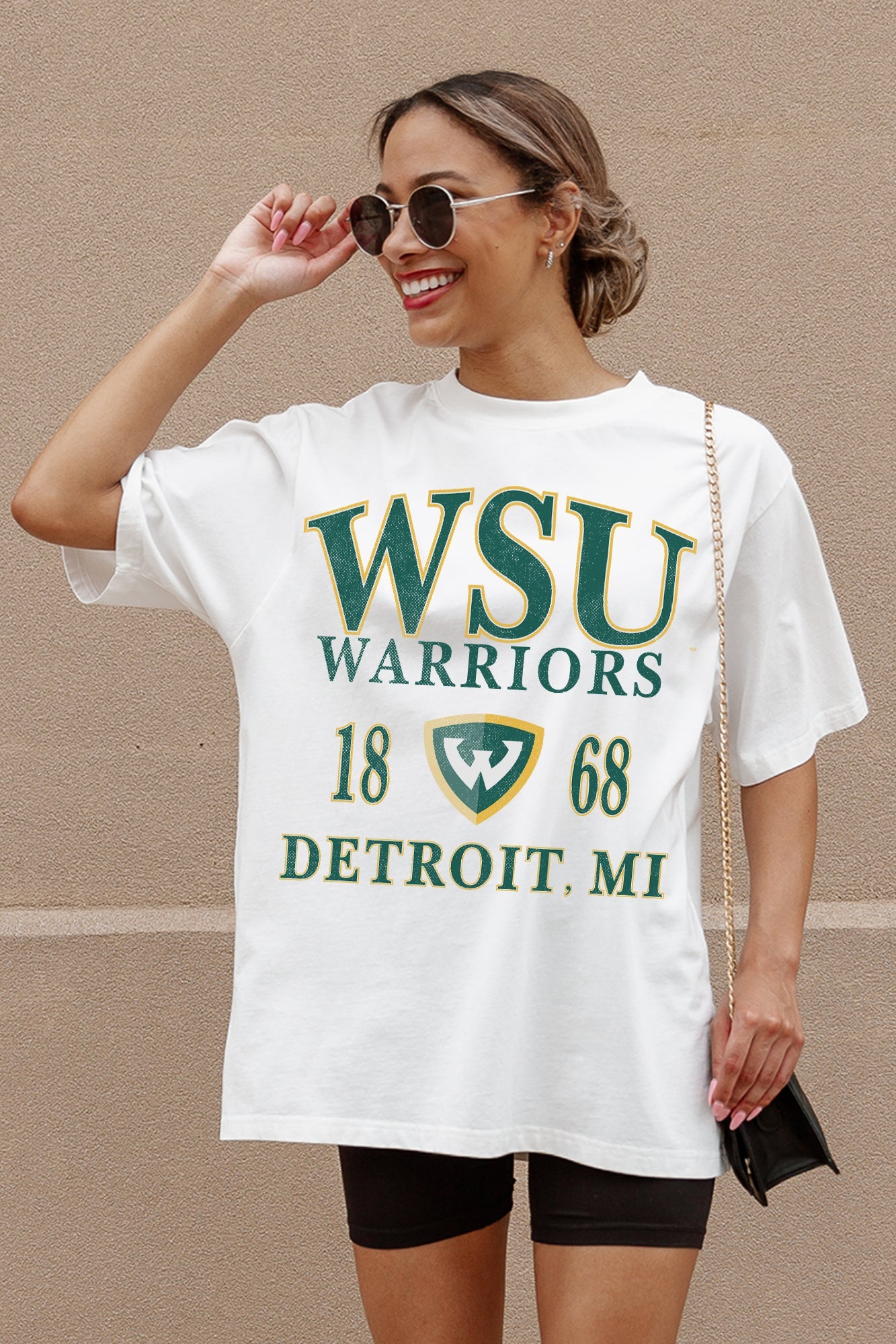 Ivory WAYNE STATE WARRIORS Unity Oversized Tee - On Model Detail | Gameday Couture - SOHO