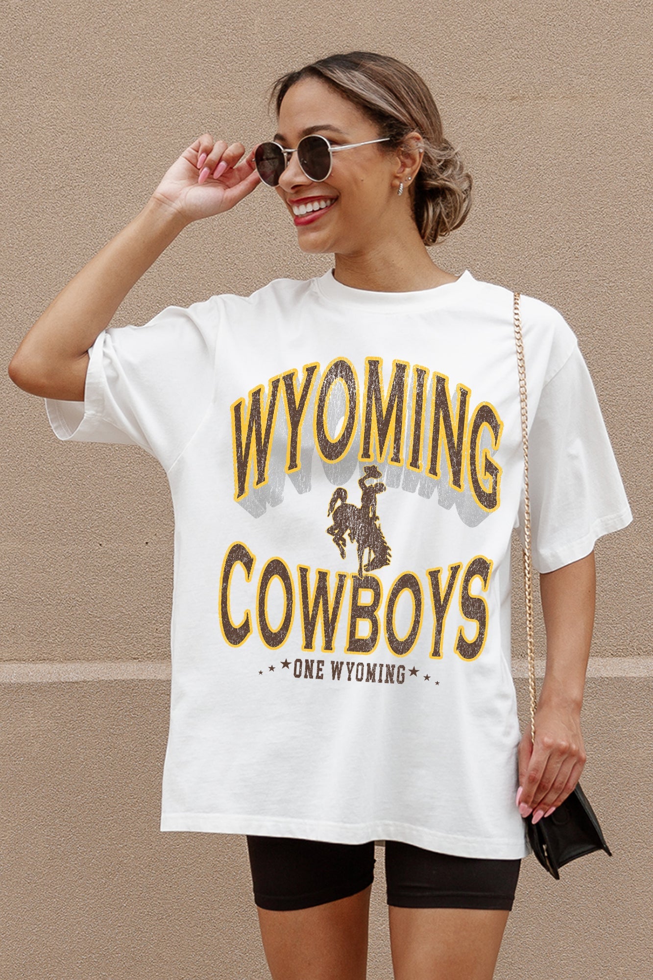 Ivory Wyoming Cowboys Shakedown Oversized Crewneck Tee - Front On Model | Gameday Couture - SOHO