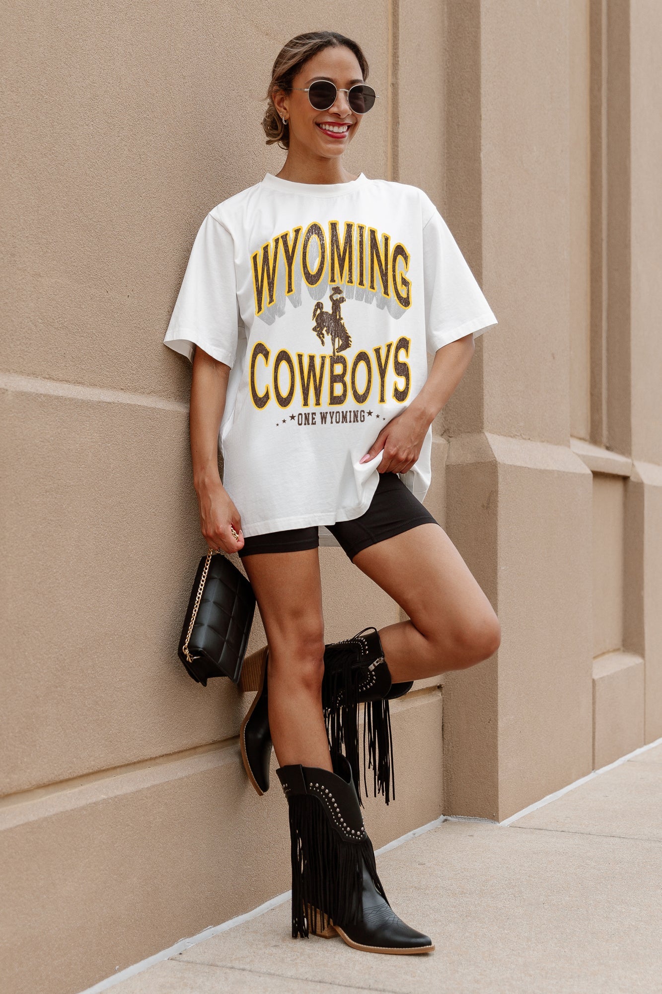 Ivory Wyoming Cowboys Shakedown Oversized Tee Styled with Fringe Boots - Full Length | Gameday Couture - SOHO