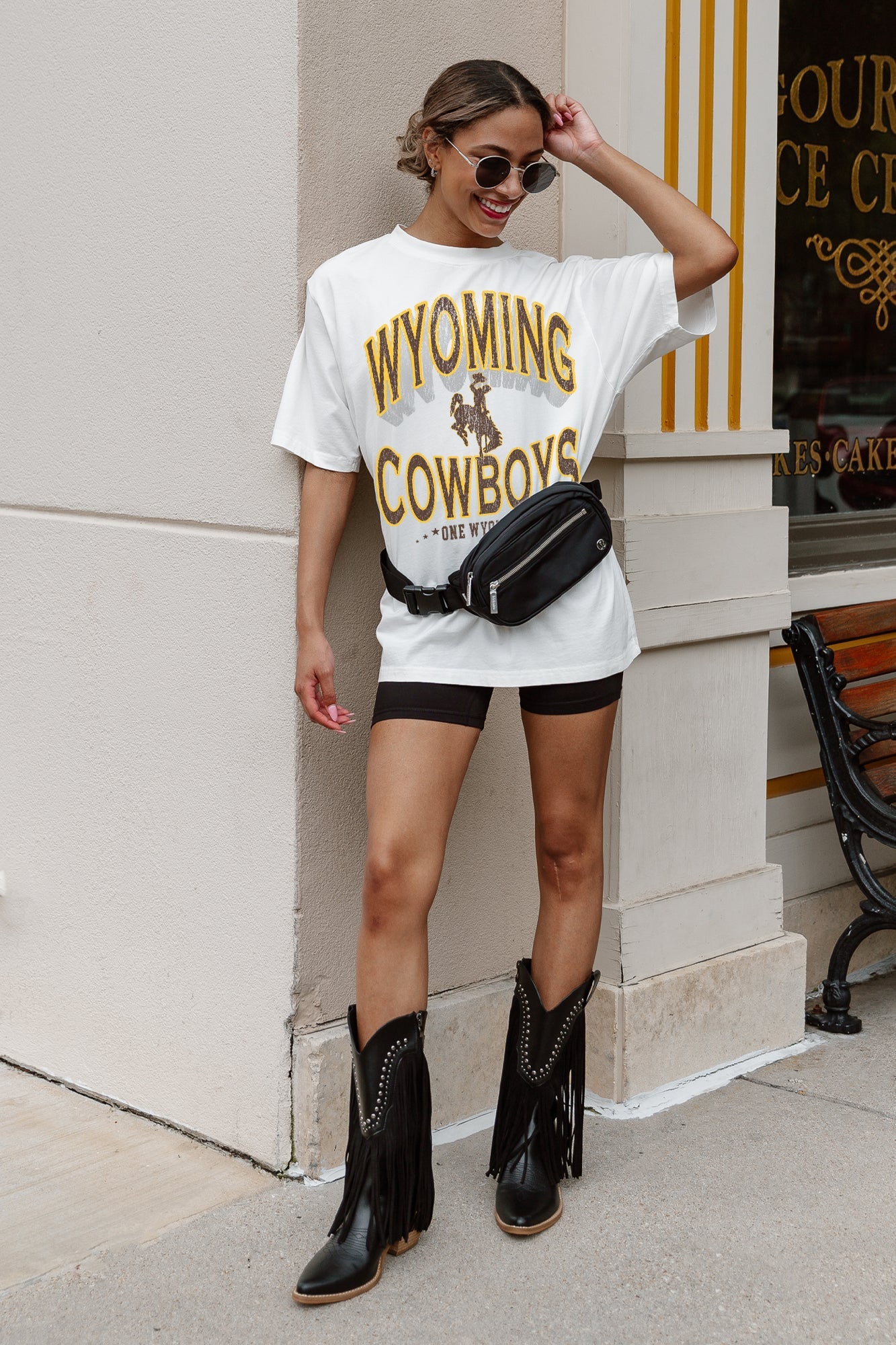 Ivory Wyoming Cowboys Shakedown Oversized Crewneck Tee - Street Style Lifestyle Shot | Gameday Couture - SOHO
