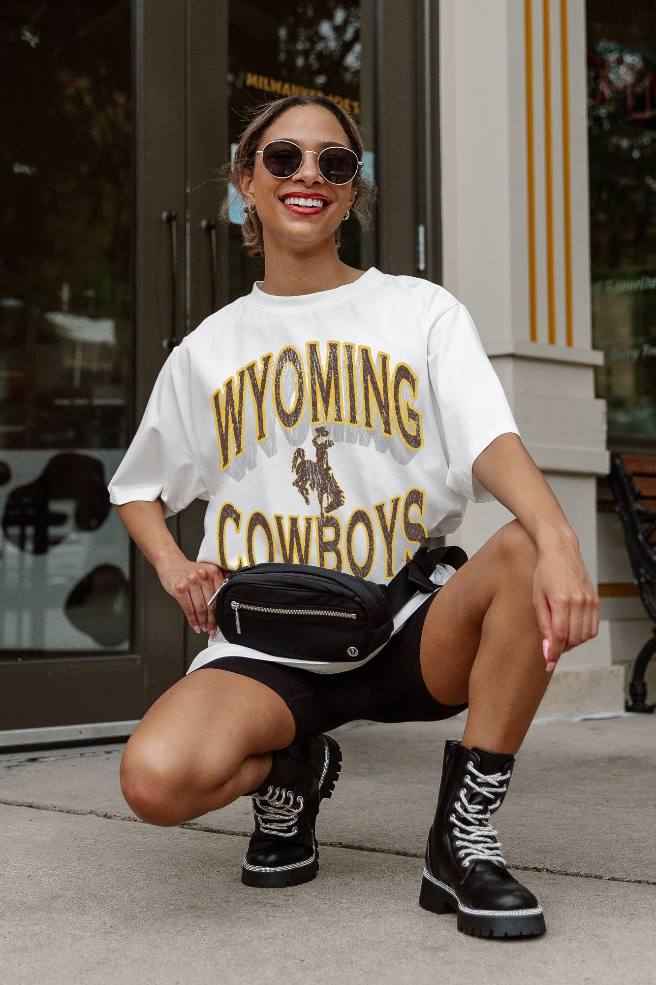 Ivory Wyoming Cowboys Shakedown Oversized Crewneck Tee - Crouching Pose Street Style | Gameday Couture - SOHO