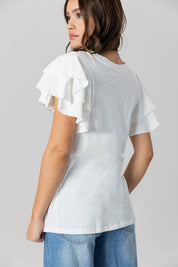 White JAMES MADISON DUKES ALL IN TO WIN FLUTTER SLEEVE CREWNECK TOP - Back View On Model | Gameday Couture - SOHO