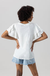 White JAMES MADISON DUKES ALL IN TO WIN FLUTTER SLEEVE CREWNECK TOP - Back View Full Body | Gameday Couture - SOHO