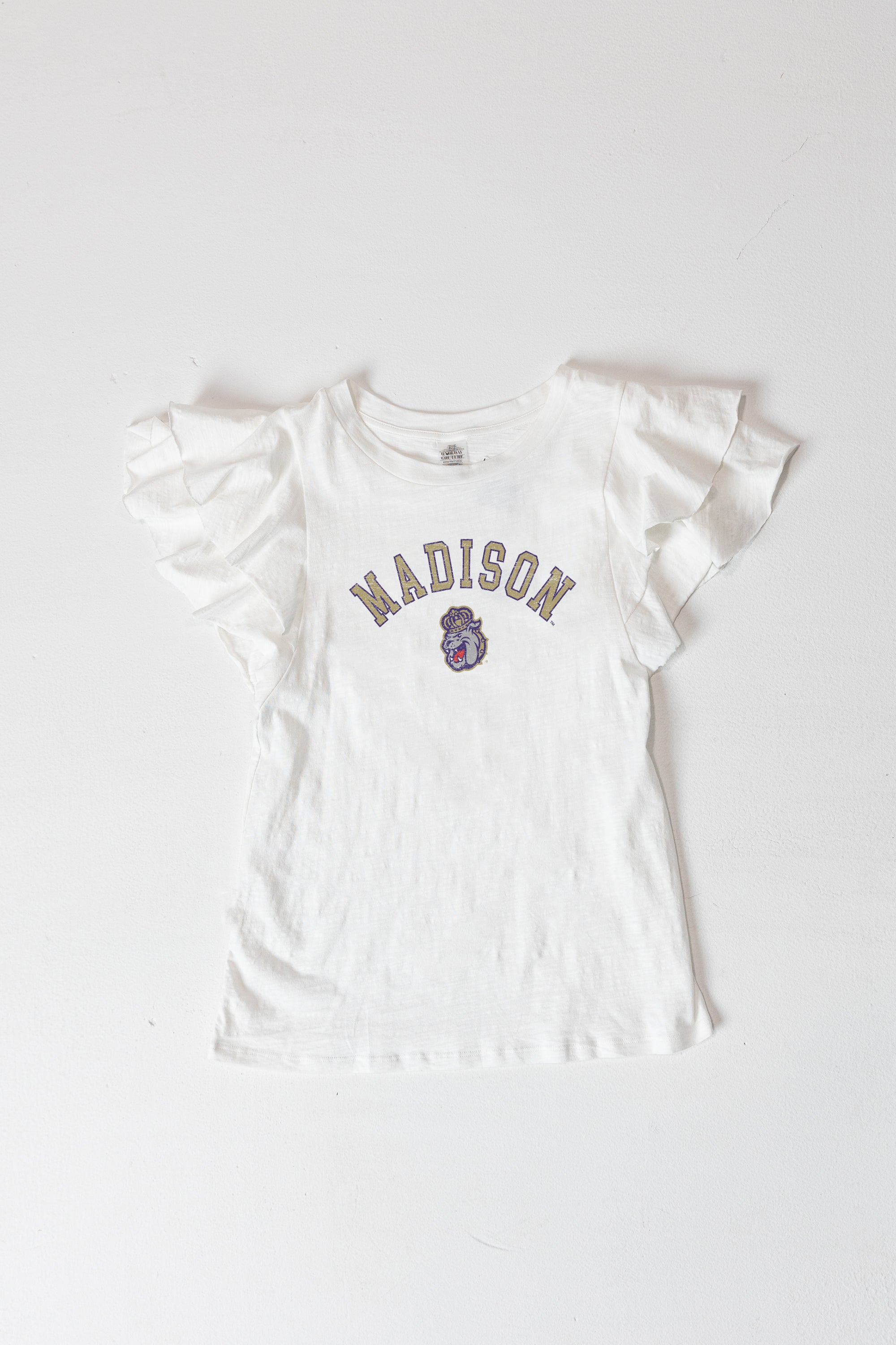 White JAMES MADISON DUKES ALL IN TO WIN FLUTTER SLEEVE CREWNECK TOP - Flat Lay | Gameday Couture - SOHO