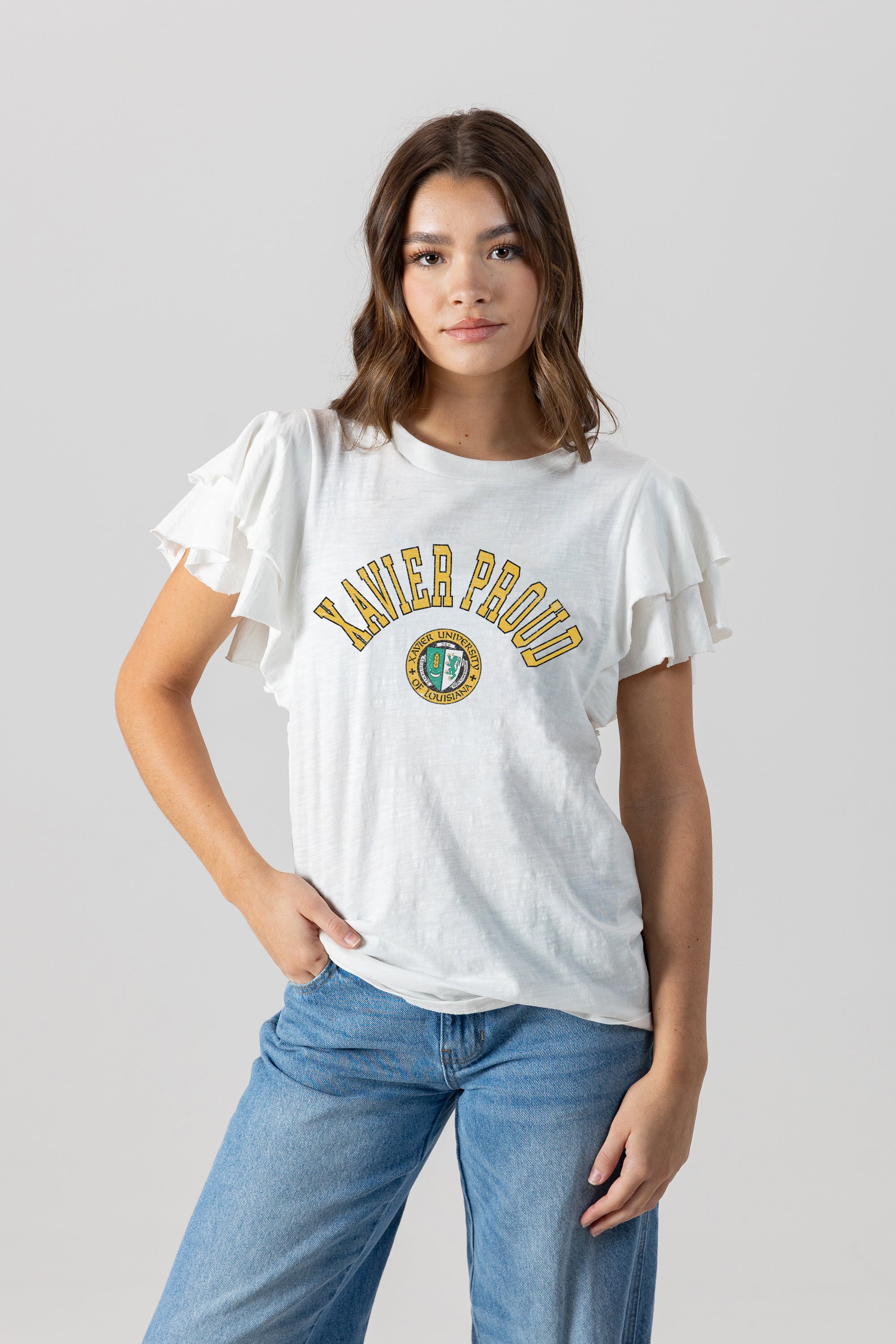 XAVIER UNIVERSITY OF LOUISIANA ALL IN TO WIN FLUTTER SLEEVE CREWNECK TOP