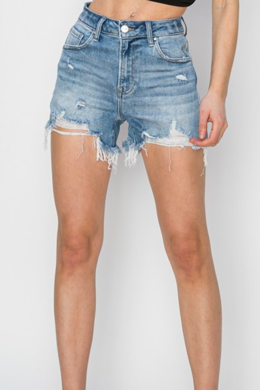 Light Blue Frayed Hem Denim Easy Breezy Shorts - Front Styled | Gameday Couture - SOHO