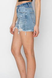 Light Blue Distressed Denim Easy Breezy Shorts - Side Profile | Gameday Couture - SOHO