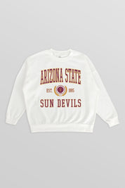 White Arizona State Sun Devils Premium Fleece Drop Shoulder Crewneck Pullover - Flat Lay Front | Gameday Couture - SOHO