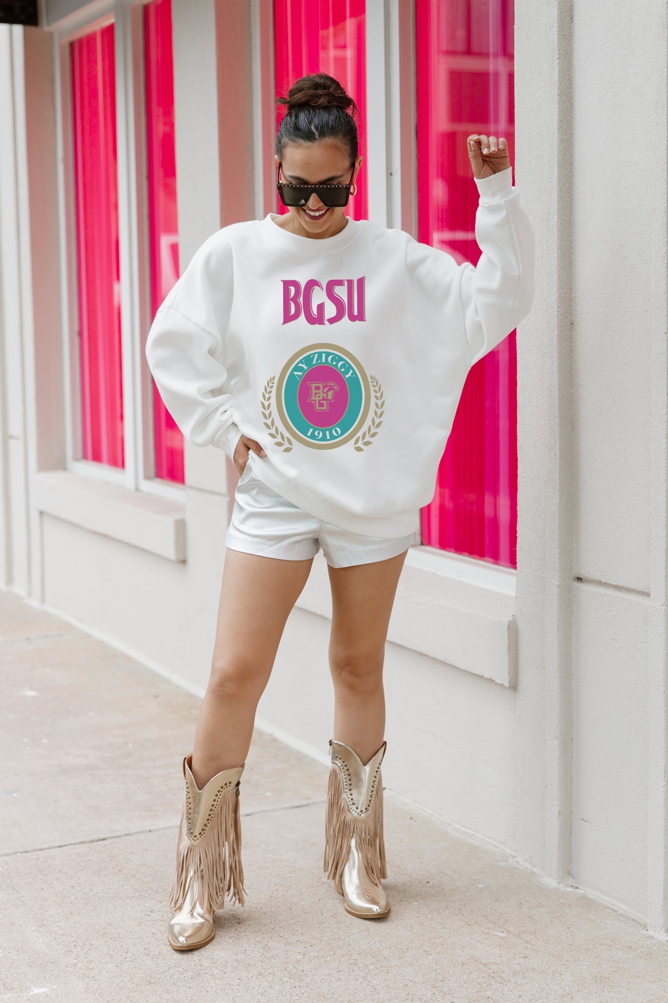 White BGSU Goal Getter Fleece Drop-Shoulder Pullover - Full Body Styled Look with Fringe Boots | Gameday Couture - SOHO