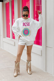 White BGSU Goal Getter Fleece Drop-Shoulder Pullover - Full Body Styled Look with Fringe Boots | Gameday Couture - SOHO