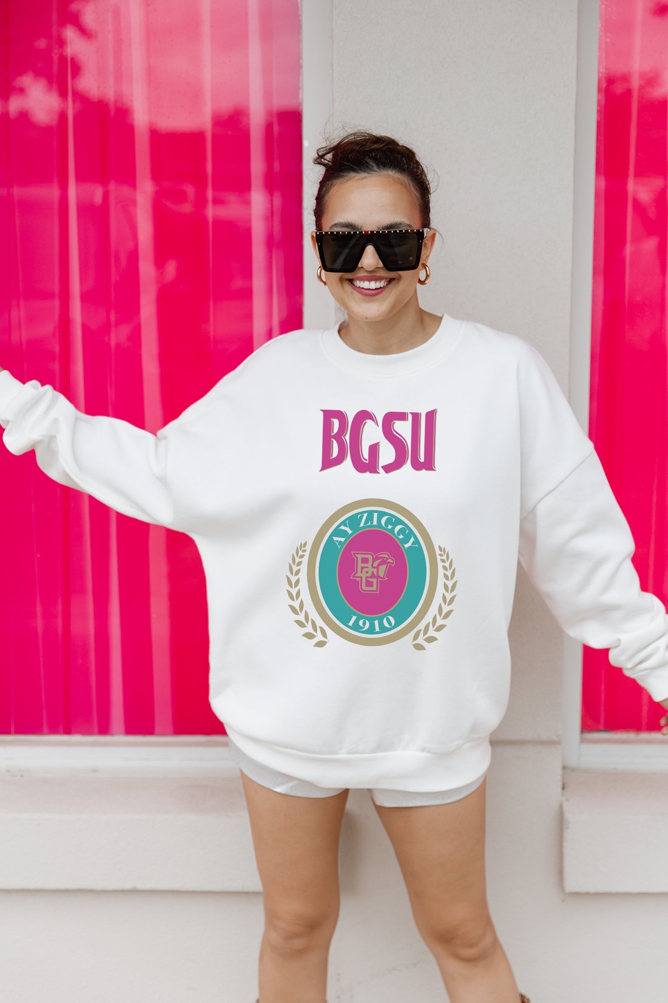 White Bowling Green Falcons Goal Getter Oversized Fleece Pullover - Front Logo Detail Close-Up | Gameday Couture - SOHO