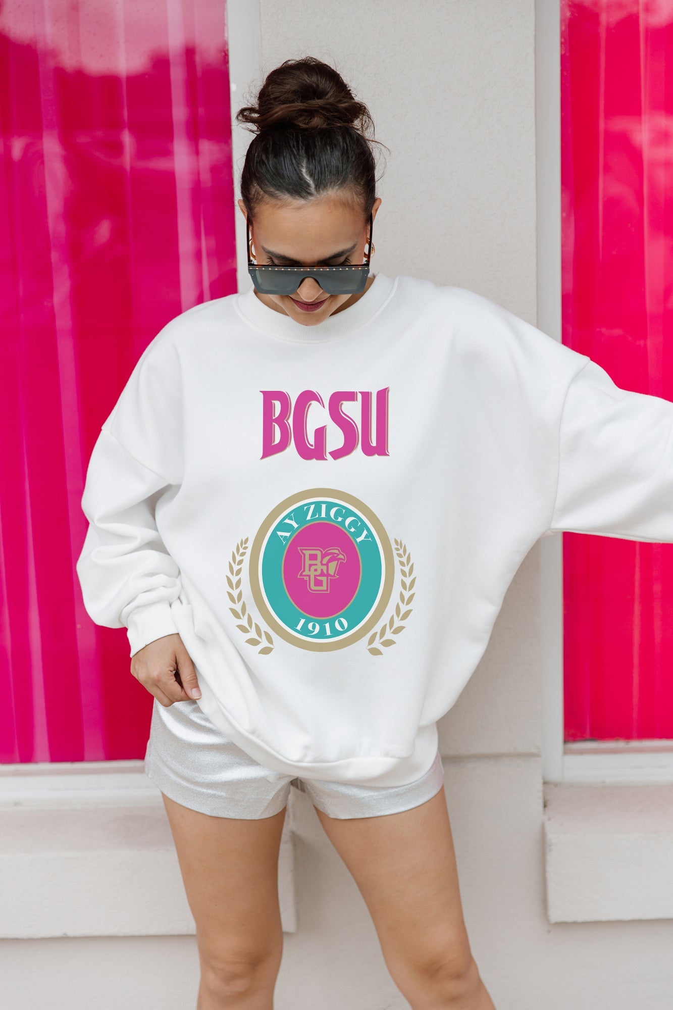 White BGSU Goal Getter Drop-Shoulder Crewneck Pullover - On Model Looking Down, Front View | Gameday Couture - SOHO
