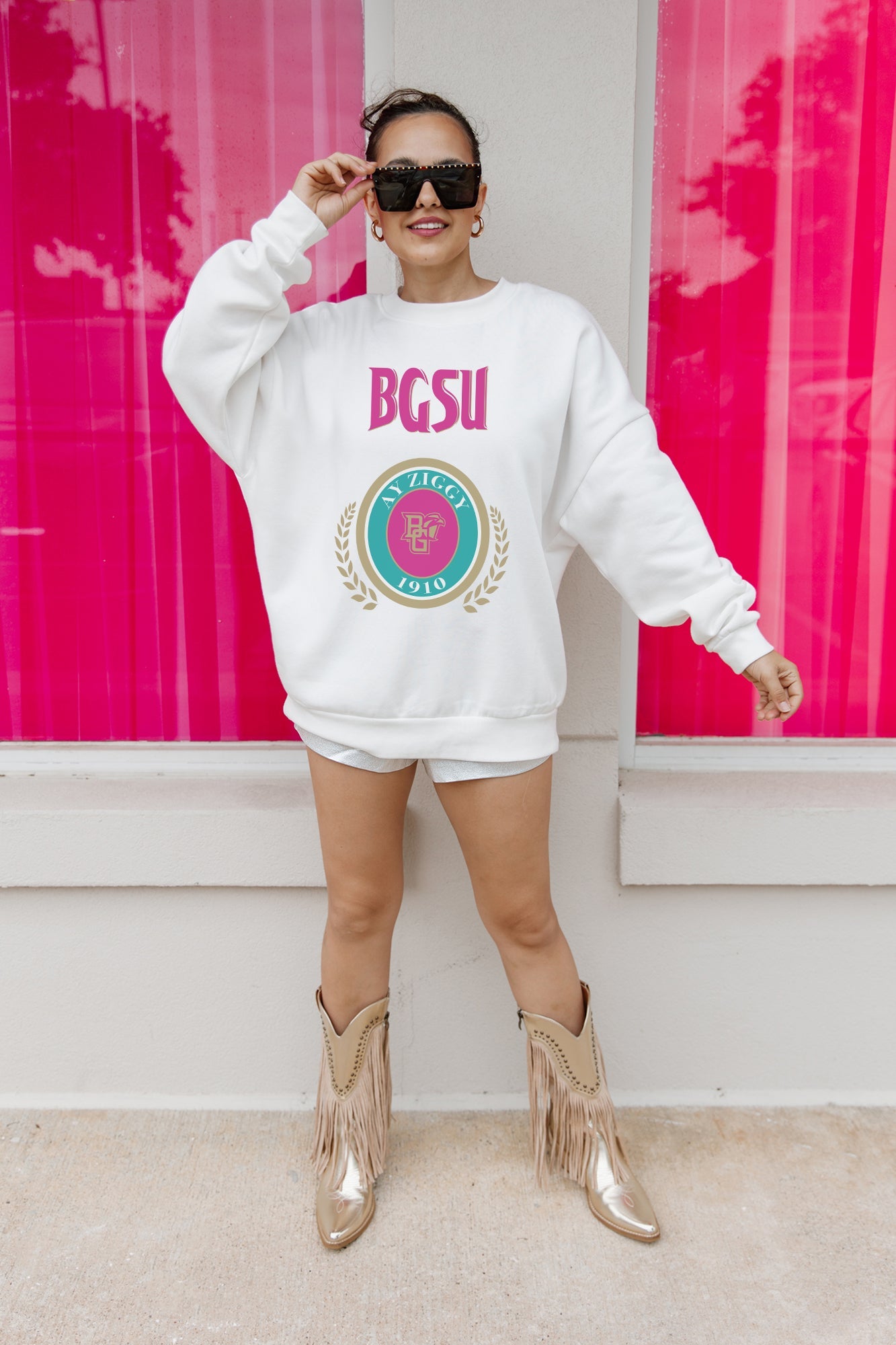 White BGSU Falcons Goal Getter Fleece Pullover - Styled Pose Holding Neckline, Fringe Boots | Gameday Couture - SOHO