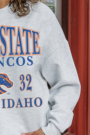 Ash Grey Boise State Broncos Allegiance Fleece Pullover - Close-Up Graphic & Fabric Detail | Gameday Couture - SOHO