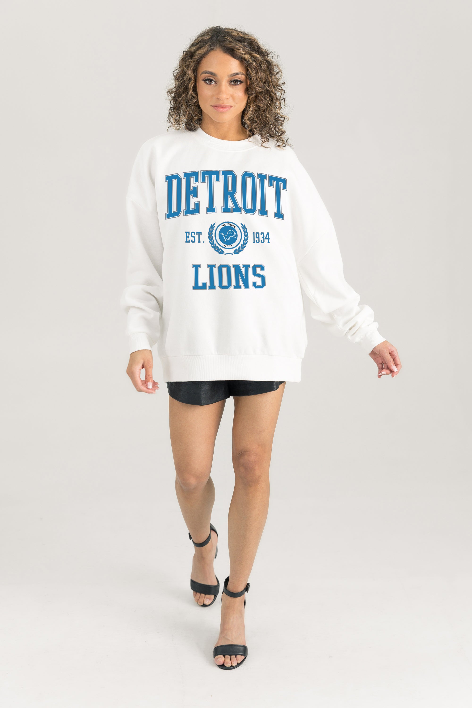 DETROIT LIONS TIMELESS TRIUMPH PREMIUM FLEECE DROP SHOULDER CREWNECK PULLOVER