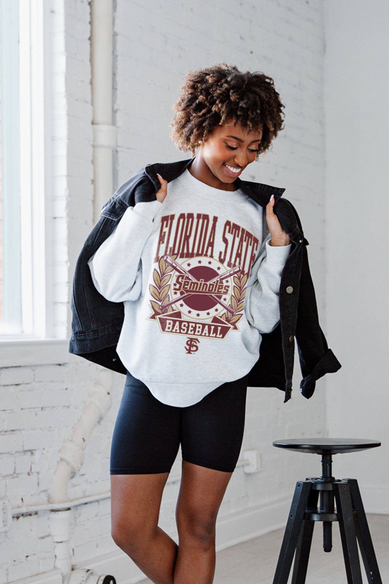 Ash FSU Seminoles Baseball Oversized Fleece Crew - Styled with Denim Jacket On Model | Gameday Couture - SOHO