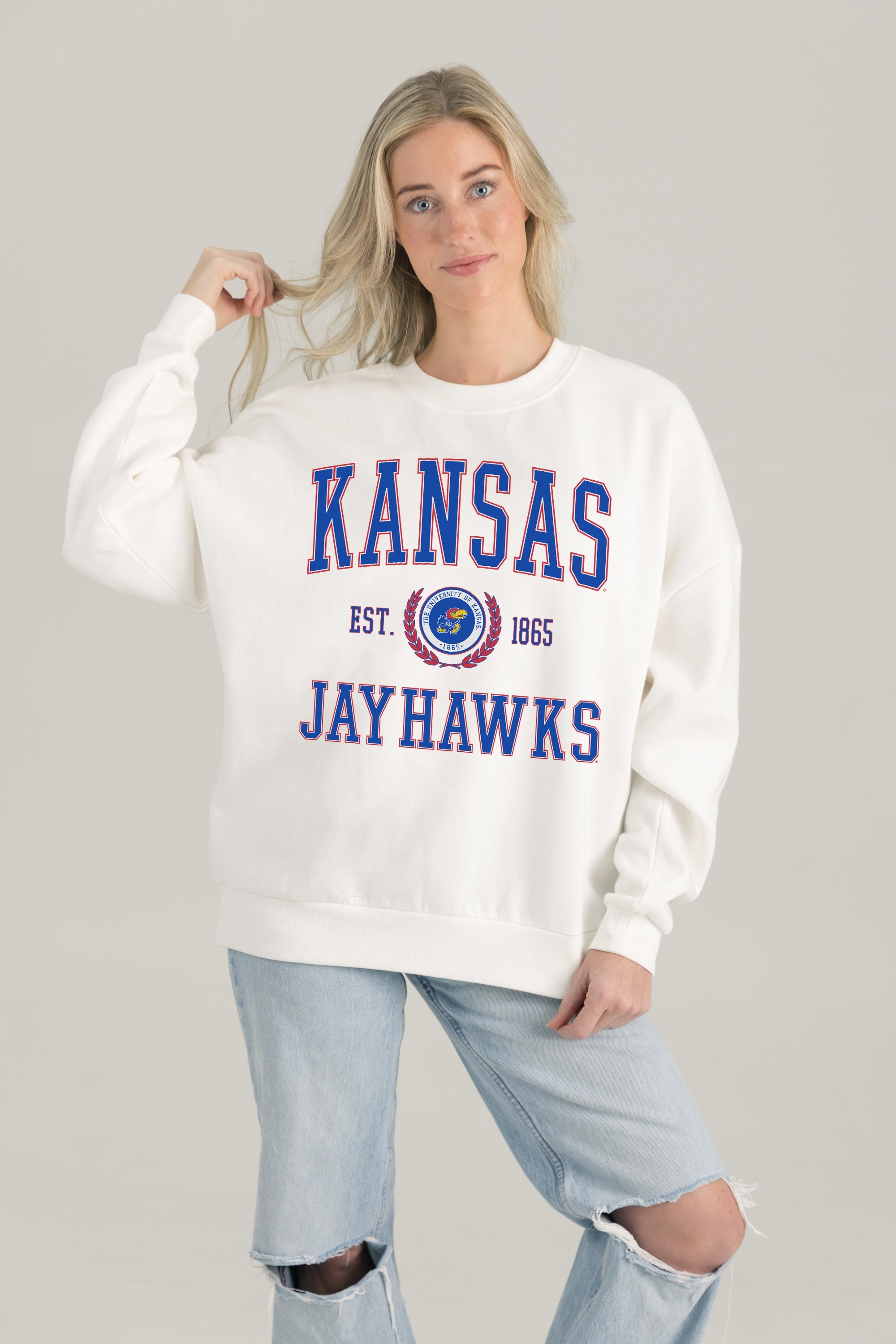 KANSAS JAYHAWKS TIMELESS TRIUMPH PREMIUM FLEECE DROP SHOULDER CREWNECK PULLOVER