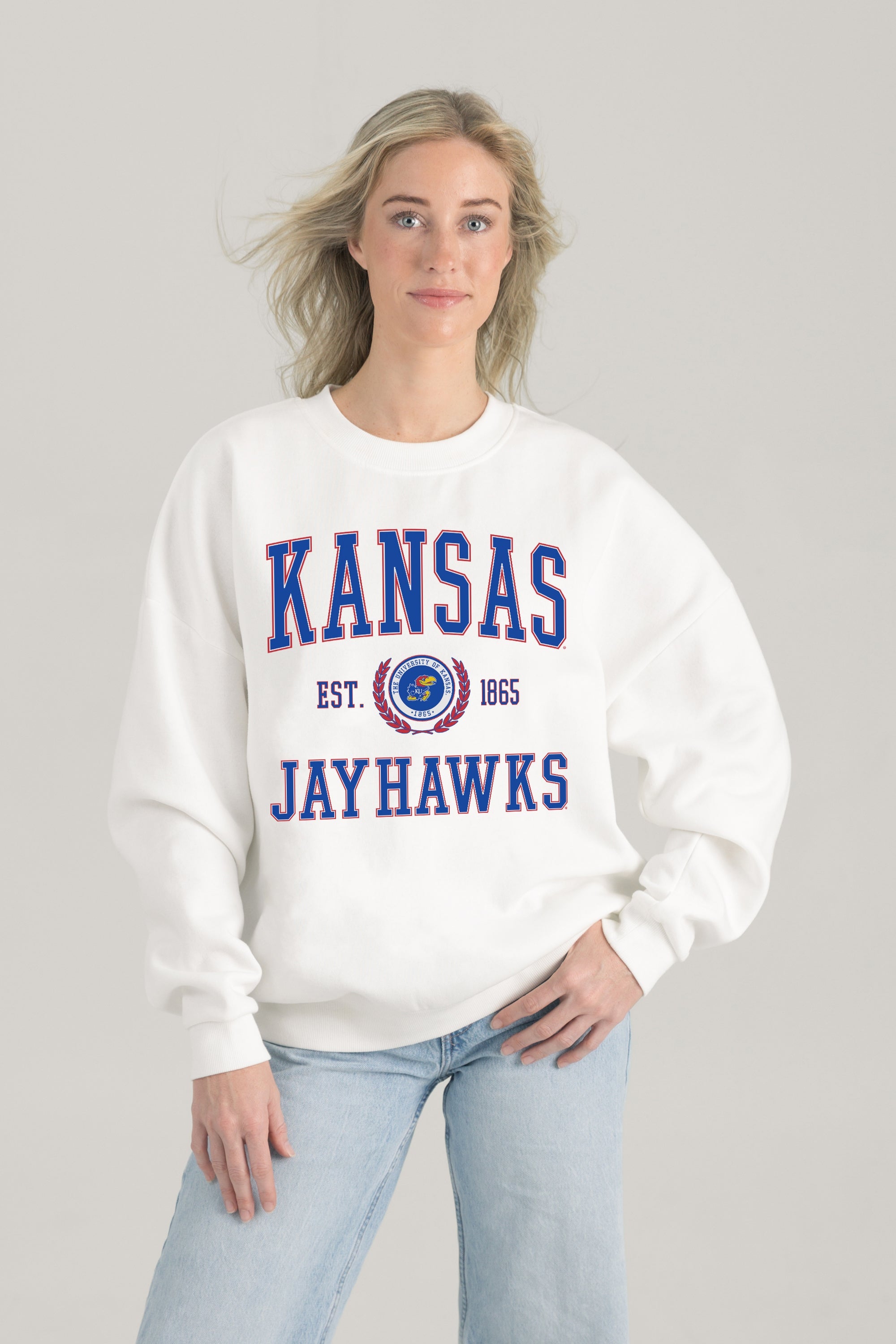 KANSAS JAYHAWKS TIMELESS TRIUMPH PREMIUM FLEECE DROP SHOULDER CREWNECK PULLOVER