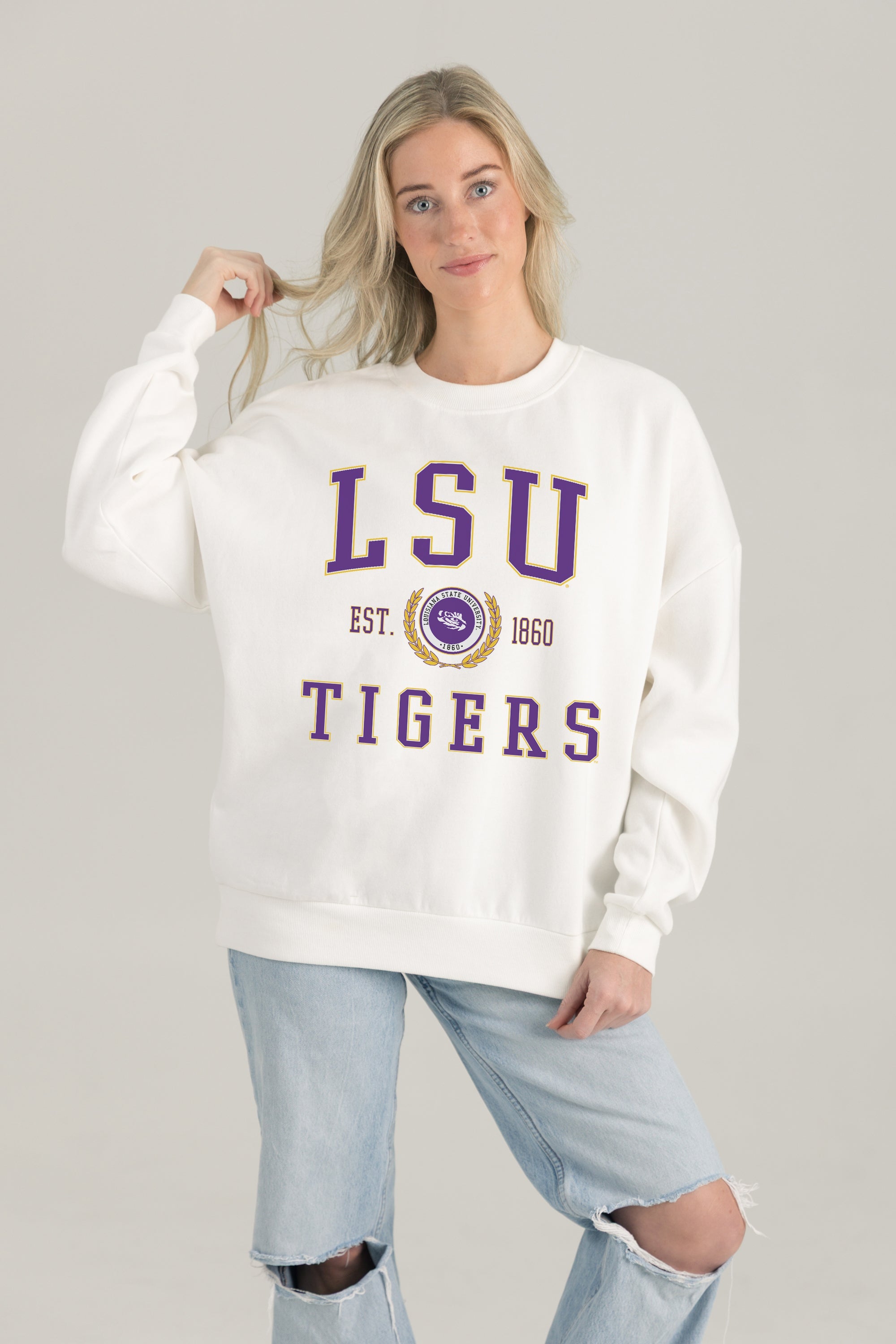 LSU TIGERS TIMELESS TRIUMPH PREMIUM FLEECE DROP SHOULDER CREWNECK PULLOVER