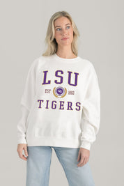 LSU TIGERS TIMELESS TRIUMPH PREMIUM FLEECE DROP SHOULDER CREWNECK PULLOVER