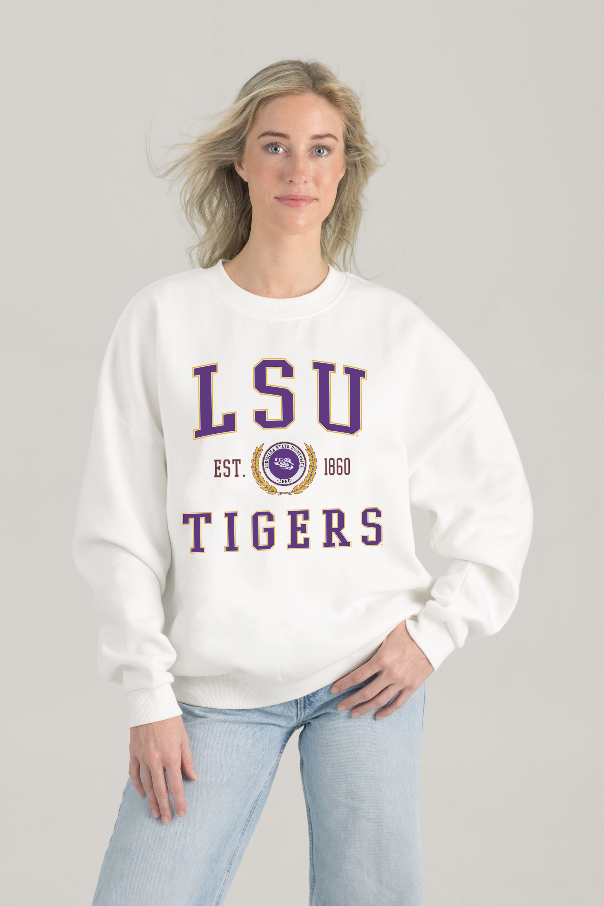 LSU TIGERS TIMELESS TRIUMPH PREMIUM FLEECE DROP SHOULDER CREWNECK PULLOVER