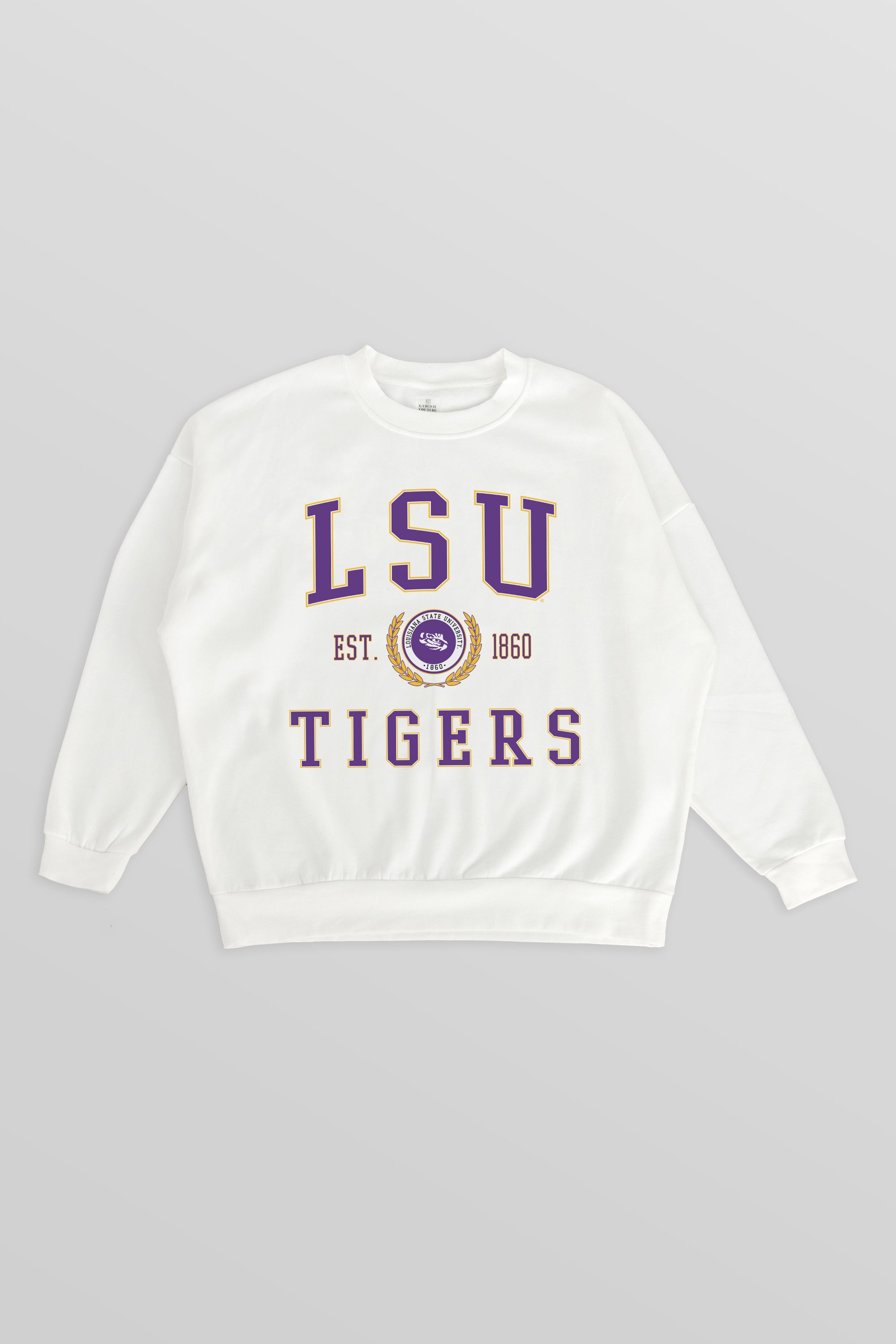 LSU TIGERS TIMELESS TRIUMPH PREMIUM FLEECE DROP SHOULDER CREWNECK PULLOVER