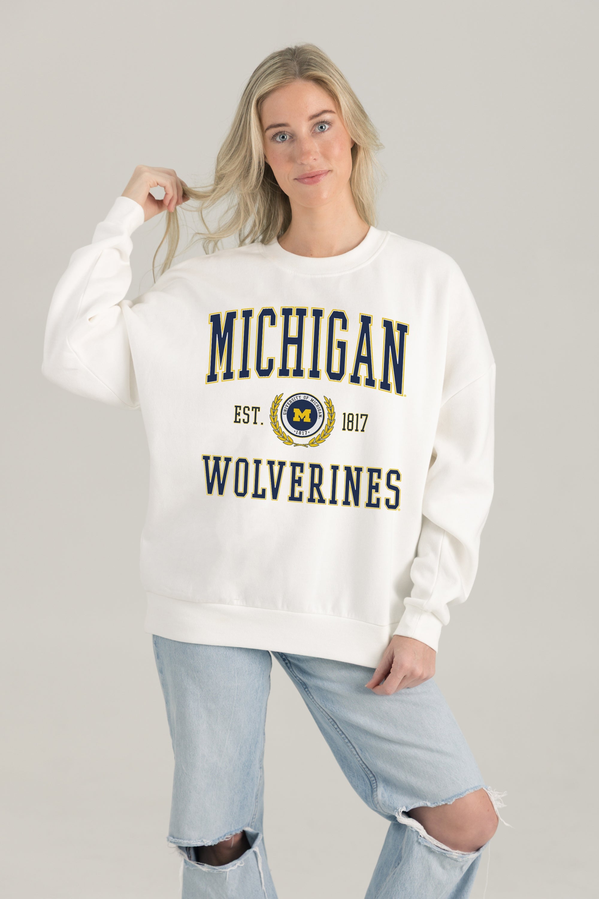 MICHIGAN WOLVERINES TIMELESS TRIUMPH PREMIUM FLEECE DROP SHOULDER CREWNECK PULLOVER