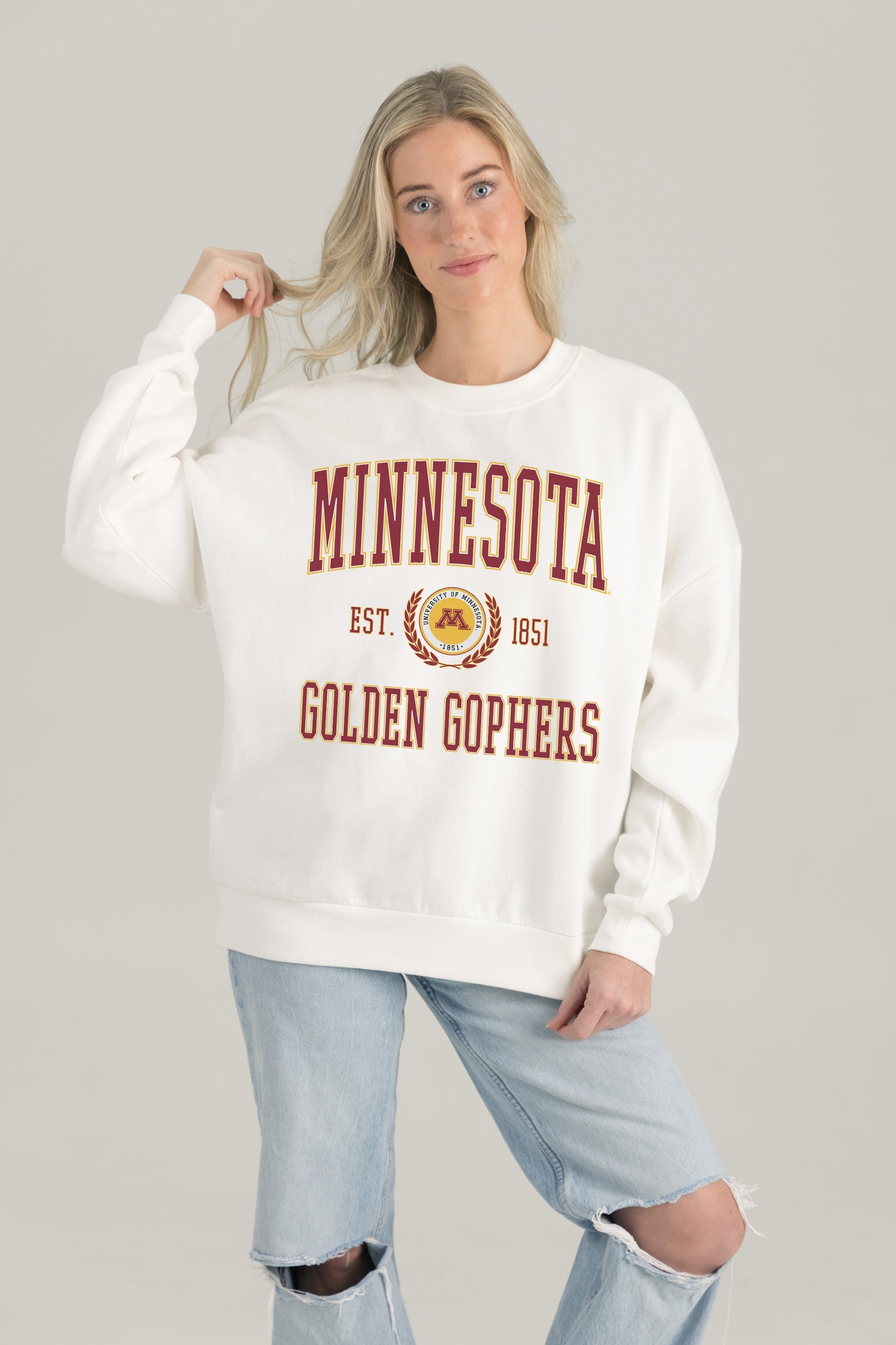 MINNESOTA GOLDEN GOPHERS TIMELESS TRIUMPH PREMIUM FLEECE DROP SHOULDER CREWNECK PULLOVER