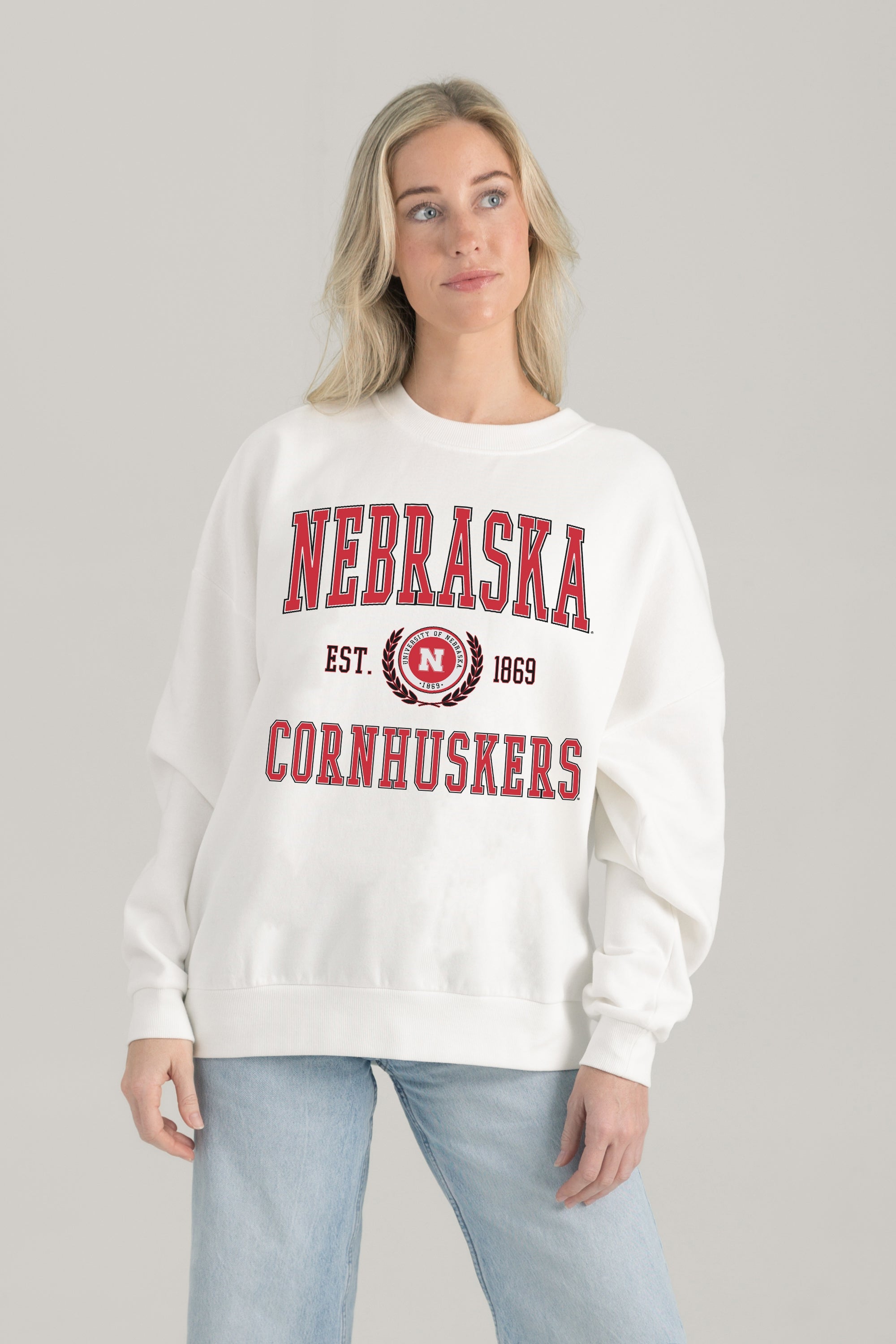 NEBRASKA CORNHUSKERS TIMELESS TRIUMPH PREMIUM FLEECE DROP SHOULDER CREWNECK PULLOVER