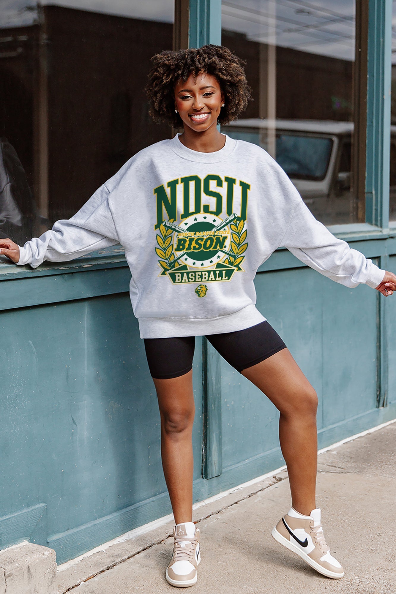 Ash Grey NORTH DAKOTA STATE BISON BASES LOADED PREMIUM FLEECE DROP SHOULDER CREWNECK - On Model | Gameday Couture - SOHO