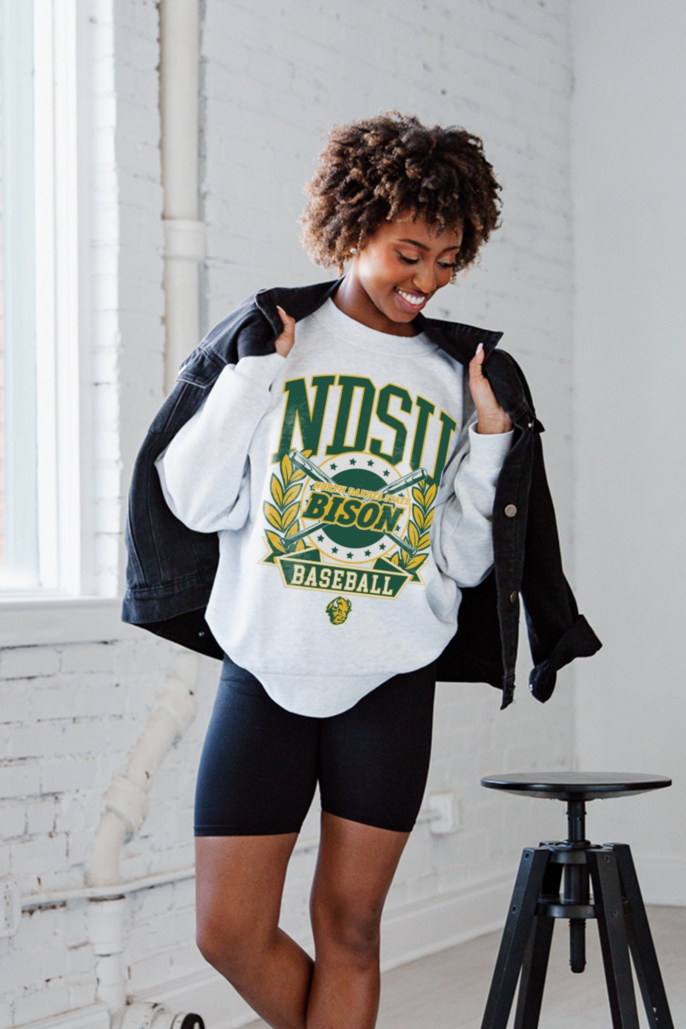 Ash Grey NORTH DAKOTA STATE BISON BASES LOADED PREMIUM FLEECE DROP SHOULDER CREWNECK - Styled Look | Gameday Couture - SOHO