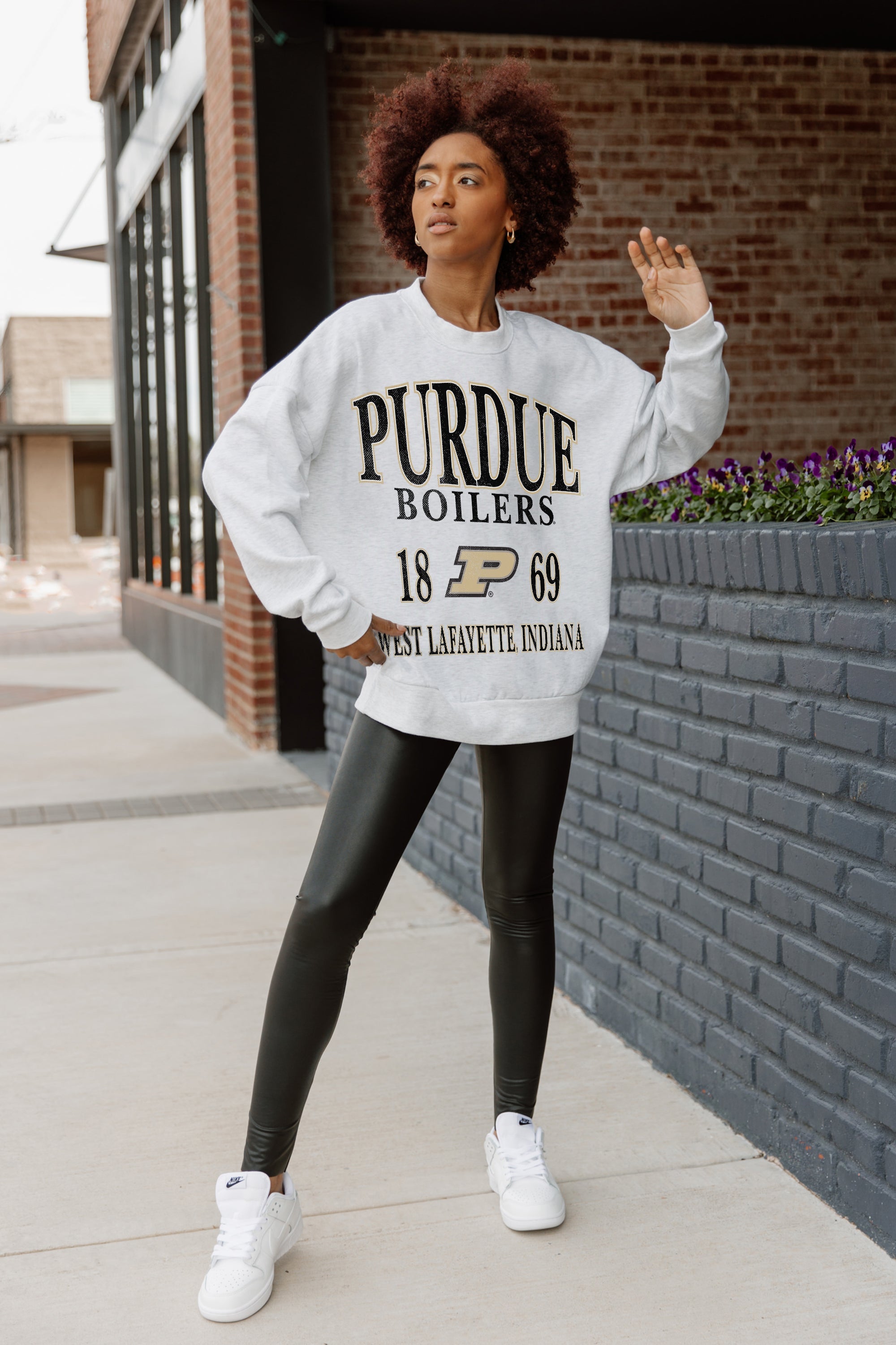 Ash Grey Purdue Boilermakers Allegiance Fleece Drop-Shoulder Pullover - Styled with Leggings, Full Front | Gameday Couture - SOHO