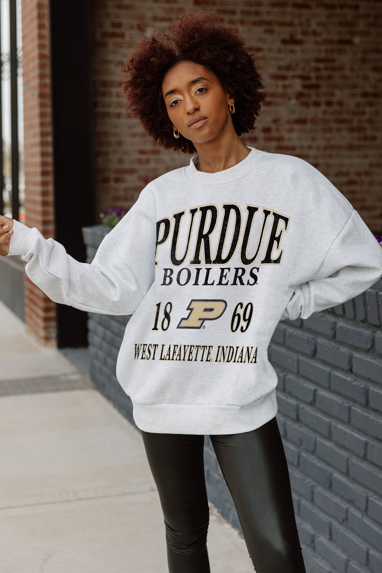 Ash Grey Purdue Boilermakers Allegiance Oversized Fleece Pullover - Front Detail, Styled with Leggings | Gameday Couture - SOHO
