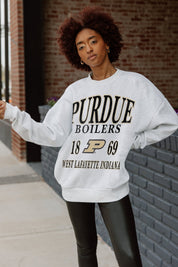 Ash Grey Purdue Boilermakers Allegiance Oversized Fleece Pullover - Front Detail, Styled with Leggings | Gameday Couture - SOHO