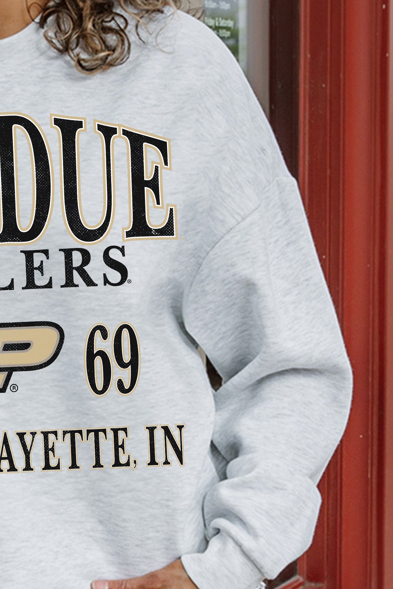 Ash Grey Purdue Boilermakers Allegiance Fleece Pullover - Graphic Detail Close-Up, Black and Gold Logo | Gameday Couture - SOHO