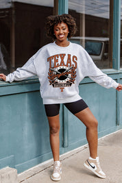 Ash Texas Longhorns Bases Loaded Fleece Drop-Shoulder Crew - Front On Model Outdoor | Gameday Couture - SOHO
