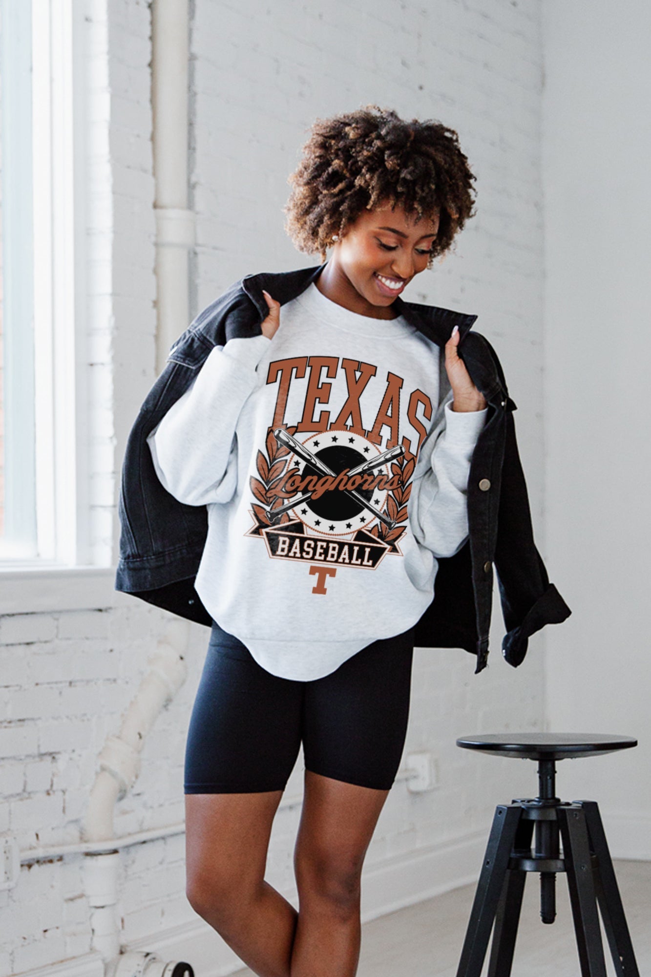 Ash Texas Longhorns Bases Loaded Fleece Drop-Shoulder Crew - Styled with Denim Jacket On Model | Gameday Couture - SOHO