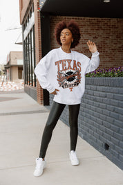 Ash Texas Longhorns Bases Loaded Oversized Fleece Crew - Graphic Detail Front View On Model | Gameday Couture - SOHO
